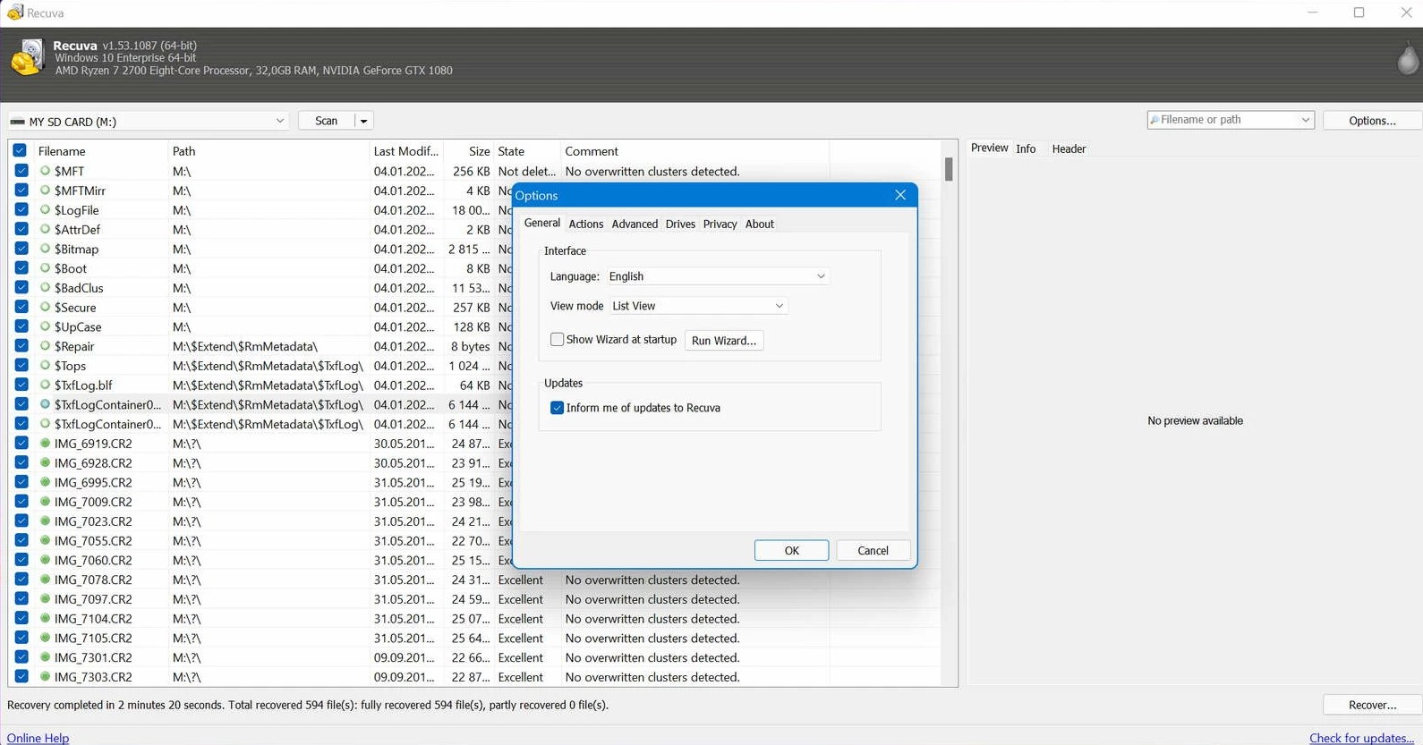Recuva general and secure overwrite options