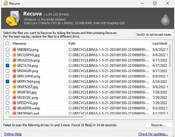 Recuva results list with recoverable files