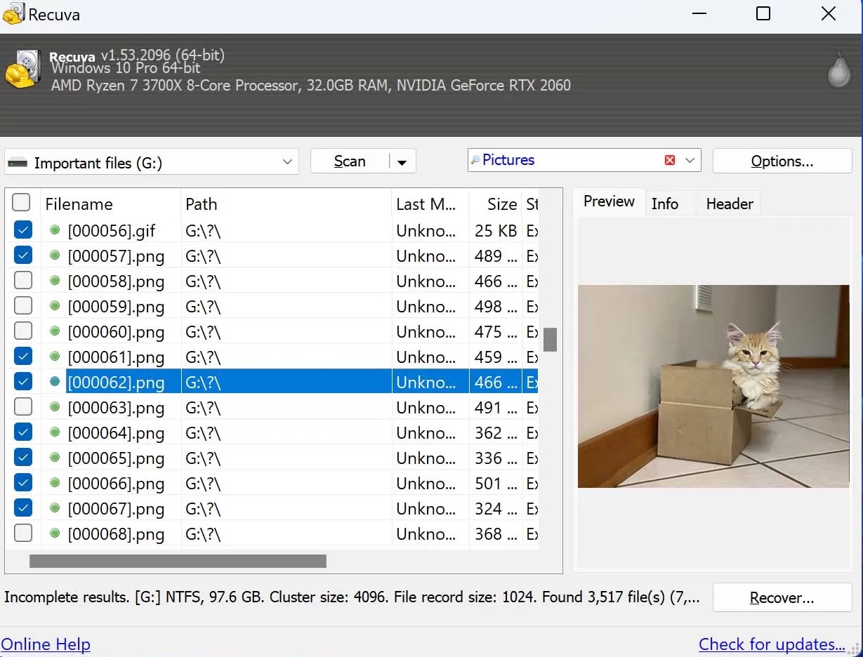 Recuva file recovery software running on Windows