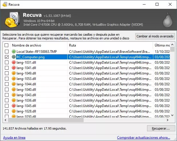 Recuva main window on the desktop